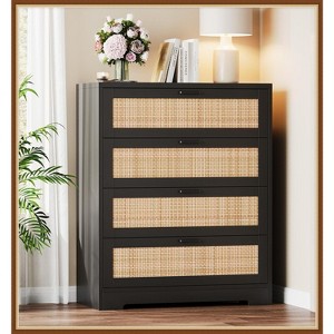 Jojoka Tall Rattan Dresser with 4 Drawers, Boho Wooden Storage Chest for Bedroom, Living Room, or Entryway - 1 of 4