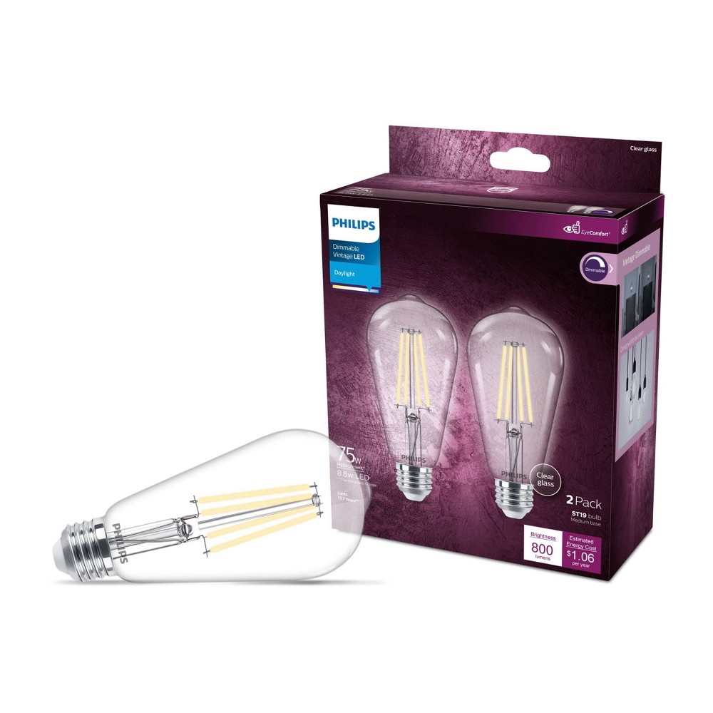 Philips LED 75W Clear Daylight ST19 2P: E26 Base, Dimmable, 800 Lumens, 5000K, 2-Pack, Suitable for Wet Locations