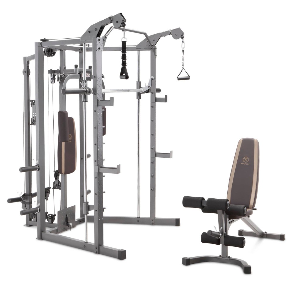 Marcy Smith Cage Machine with Workout Bench and Weight Bar Home Gym  Equipment SM-4008