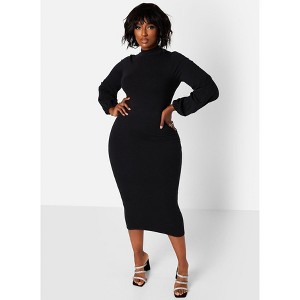 Rebdolls Women's Turtleneck Cotton Puff Sleeves Bodycon Midi Dress - 1 of 4
