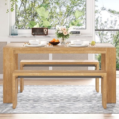 Dining Sets 3 Piece, Farmhouse Dining Set, Farmhouse Dining Table Set With 2 Benches, Dining Set Solid Wood-Cuddlewood