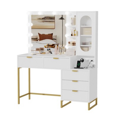 Makeup Vanity Desk, Make Up Vanity Table with Lighted Mirror, Power Outlets, Large Storage Space