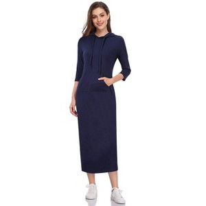 Womens Hoodie Sweat Dress 3/4 Sleeve Slim Fit Hooded Maxi Dress Stripe Summer Dress Soft Lounge Dress - 1 of 3
