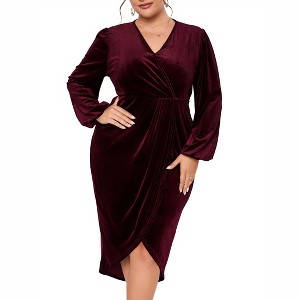 Coolmee Plus Size Maxi Dresses for Curvy Women Casual V Neck Wrap Bodycon Lantern Long Sleeve Criss Cross Pleated Long Dress - 1 of 4
