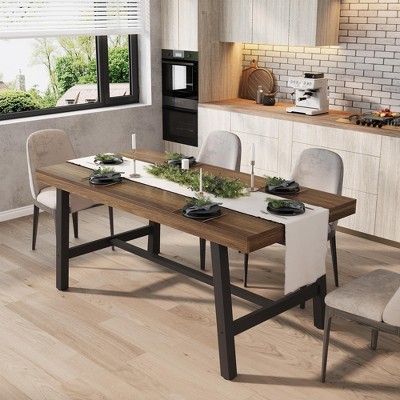 Industrial Dining Table for 4-6 People, 63" Long Wooden Kitchen Table with Sturdy Metal Frame & Natural Wood Finish - Seats 4 Rectangular