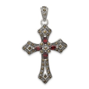 Black Bow Jewelry Sterling Silver, Red CZ & Marcasite Antiqued Passion Cross Pendant - 1 of 4