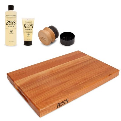 John Boos Reversible 18 x 12 Inch Cherry Wood Cutting Board Block Bundle with 3 Piece Wood Cutting Board Care and Maintenance Set