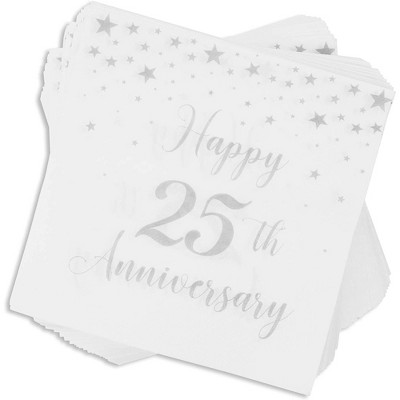Sparkle and Bash 100 Pack 25th Anniversary White Disposable Paper Napkins Party Supplies 6.5 x 6.5 inches