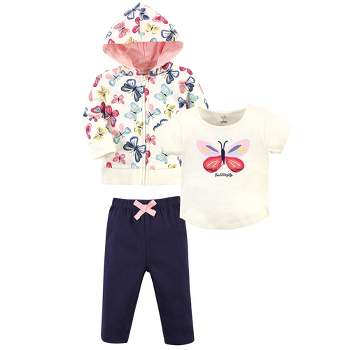 Touched by Nature Baby and Toddler Girl Organic Cotton Hoodie, Bodysuit or Tee Top, and Pant, Bright Butterflies Toddler