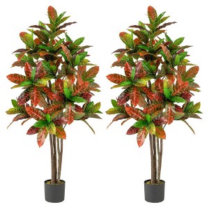 Resenkos 2-Pack 5-Foot Artificial Croton Plant, Features Multi-Color Gradient Leaves, Multi-Color Red - 1 of 4