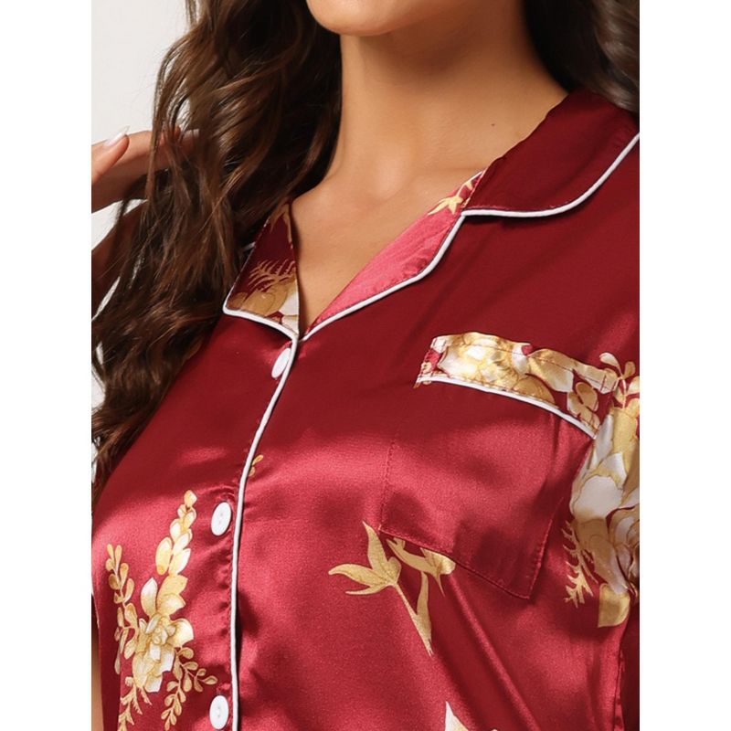 cheibear Women's Floral Button Down Shirt Shorts Satin Pajama Set 2 Pcs, 4 of 6