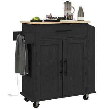 HOMCOM Kitchen Island with Power Outlet, Rolling Kitchen Cart with Storage Drawer, Portable Microwave Stand with Doors, Towel Rack, Spice Rack, Black