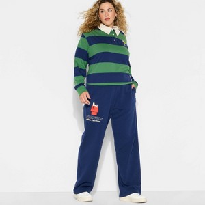 Women's Peanuts Snoopy House Wide Leg Fleece Graphic Pants - Navy Blue - 1 of 3