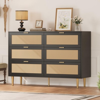 Garvee 6 Drawer Rattan Dresser with Gold Legs and Handles, Wide Double Storage Chest with Anti-Tipping Design for Bedroom or Living Room