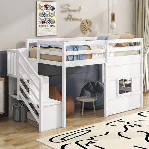 XIYUYEU Twin Size Loft Bed Wood Bed Frame with Storage Stairs, Guardrail and Window, White - 1 of 4