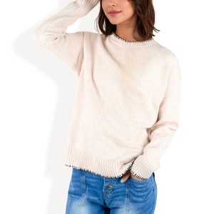 Anna-Kaci Women's Crew Neck Long Sleeve Knit Sweater with Contrast Trim and Ribbed Hem - 1 of 4