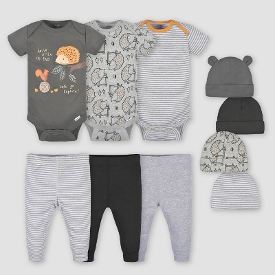 Image of Gerber Baby Boys' 10pk Hedgehog Top and Bottom Set with Cap - Gray 3-6M