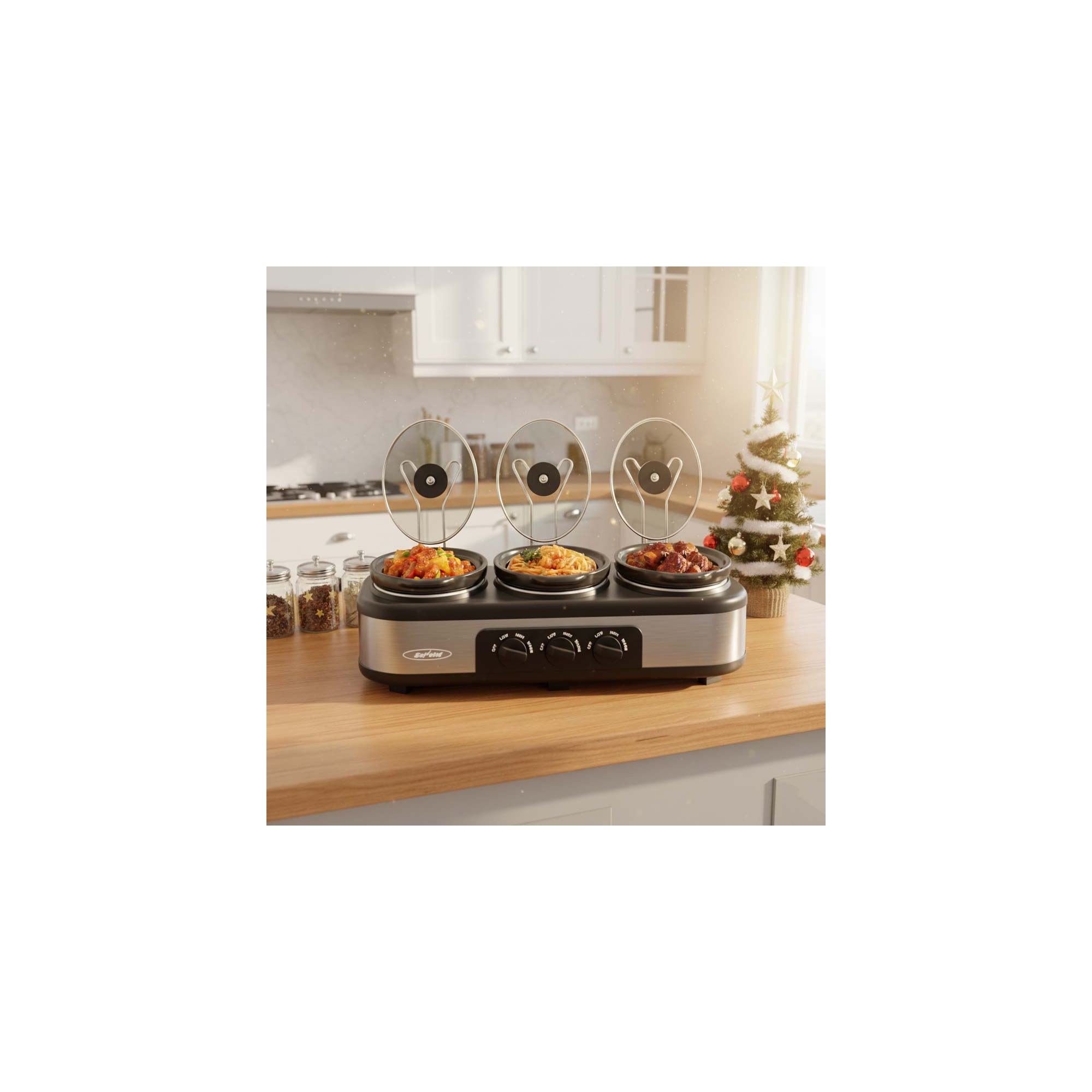 Heynemo Triple Slow Cooker with , 3 Pot 1.5 Quart Oval Crock Food Warmer Buffet Server, Stainless Steel, Silver