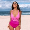 Women's Chic Vibrant Pink Fuchsia Cross Back Surplice Neckline One-Piece Swimsuit - Cupshe - 4 of 4