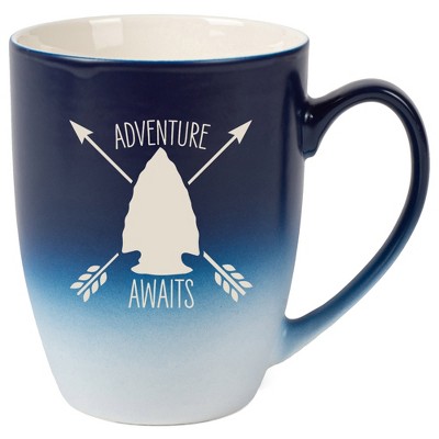 100 North Arrow Head 10 Ounce Navy Blue and White Two Toned Ombre, Comfortably Fits Your Hands, Ceramic Tea Coffee Cup Mug, Adventure Awaits