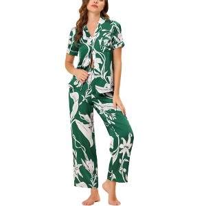 cheibear Women's Silky Short Sleeves Sleepshirt with Pants Sleepwear Pajama Set 2 Pcs - 1 of 4