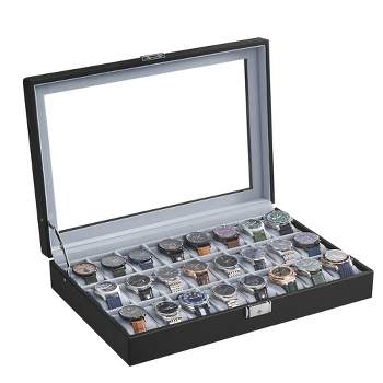 SONGMICS Watch Box 24-Slot Watch Case Lockable Storage Box with Glass Lid  Black Synthetic Leather Gray Lining
