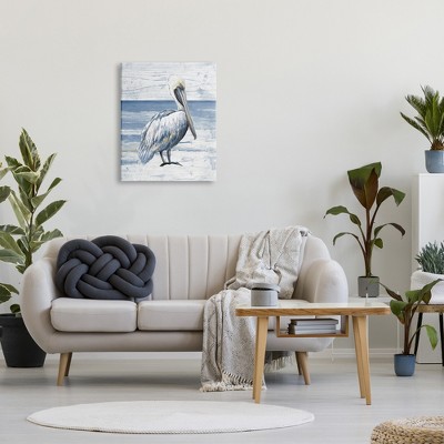 Rustic Coastal Pelican Canvas Wall Art in Blue and White, 24 x 30