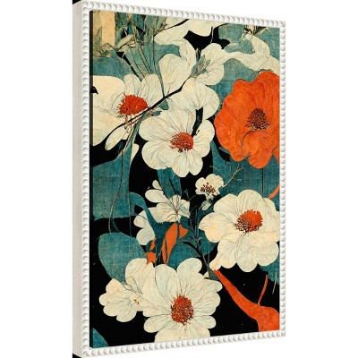 Asian Flowers Beaded Framed Canvas Wall Art Print