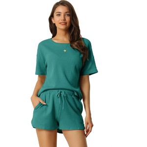 cheibear Women's Casual Pullover Short Sleeve Sleepshirt with Shorts Waffle Pajama Sets - 1 of 4