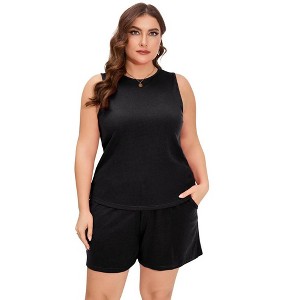 Whizmax Plus Size Sleeveless Two Sets Outfits For Women Round Neck Knit Casual Crop Tops With Shorts Black 4XL - 1 of 4