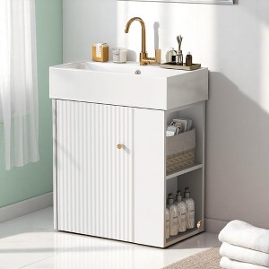 Mshliw 21.6" Modern Floating Bathroom Vanity with Ceramic Sink, Wave-Pattern Door, Rose Gold Handle, Side Storage - 1 of 4