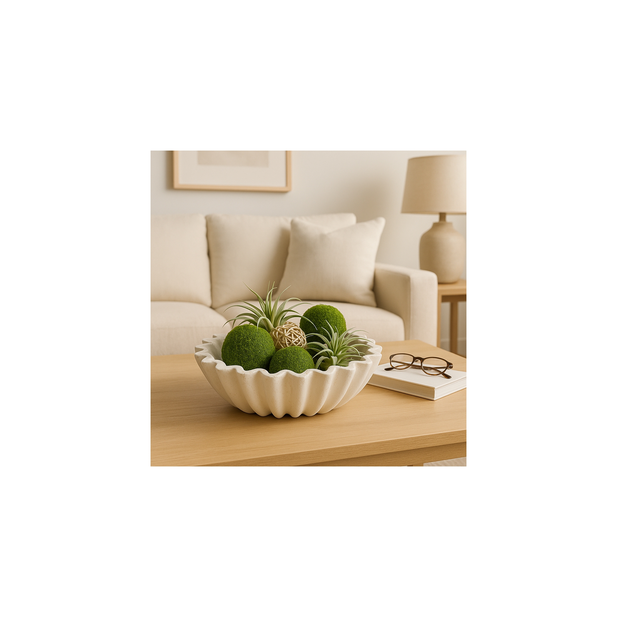 Decorative Scalloped Bowl for Coffee Table Decor - Handcrafted Centerpiece Table Decoration or Home Decor Accents - 4.25", Ivory & White