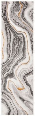 Abstract Grey and Gold Hand-Knotted Synthetic Runner Rug