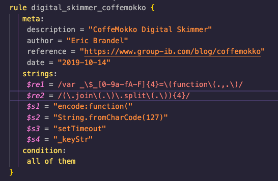 screenshot from Terminal with a rule "digital_skimmer_coffeemokko" running with the meta description listed as "CoffeMokko Digital Skimmer" showing Eric Brandel as the author along with strings and conditions listed below these elements.
