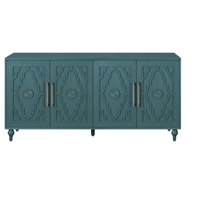 VYNXARIA 63-Inch Navy Blue Storage Cabinets with Carved Flower Doors and Metal Handles for Versatile Use