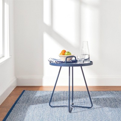 Navy Blue and Ivory Cotton Geometric Flat Woven Rug, 5 x 8