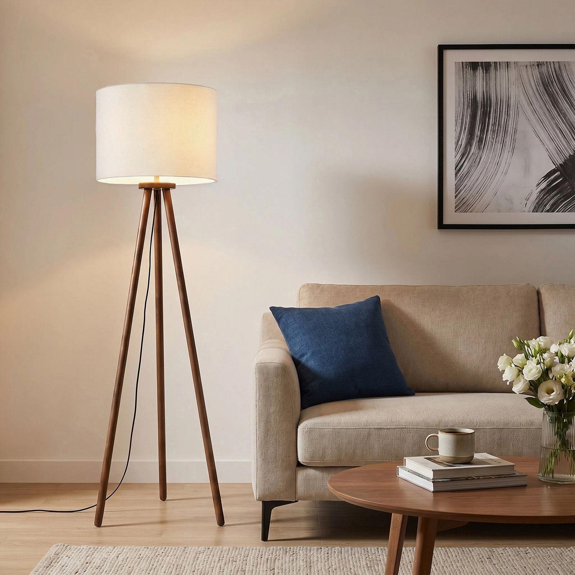 60.5" Modern Nordic Tripod Standing Lamp, UL Certified, Premium Wood Base and Breathable Linen Shade, Adjustable Floor Light for Lounge,Cream