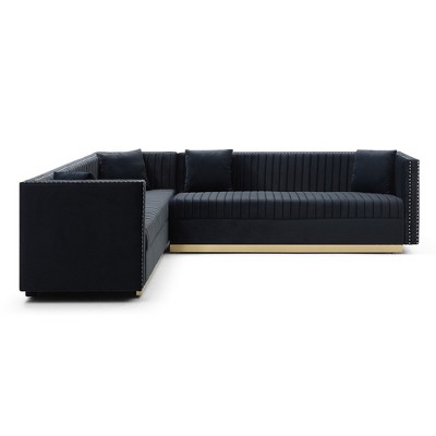 NicBex Vertical Channel Tufted Sectional Sofa,Velvet Corner Couch with 4 Pillows for Living Room,Apartment,Office,Black