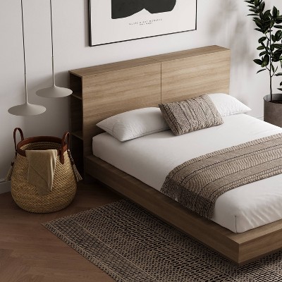 Queen Light Brown Wood Frame Platform Bed with Storage