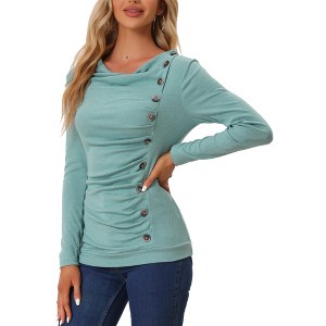Allegra K Women's Cowl Neck Long Sleeves Buttons Decor Solid Ruched Top - 1 of 4