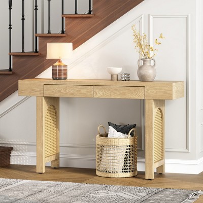Wooden Narrow Entryway Console Table,Console Table With Storage Drawers And Wood Tabletop,Rattan Accent Living Room Console Table-Cuddlewood