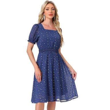 Allegra K Women's Square Neck Metallic Stars Ruffle A-Line Stretch Waist Midi Dress Royal Blue Small