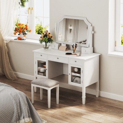 JUJABU 44.4" Vanity Table with Large Adjustable Mirror, Drawer and Cabinet, White