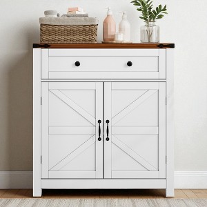 Farmhouse Coffee Bar Storage Cabinet with Drawer & Adjustable Shelf, White Buffet Cabinet with Walnut Countertop for Kitchen, Dining, Entryway - 1 of 4