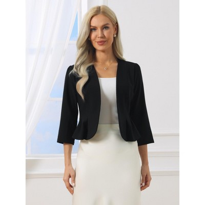 INSPIRE CHIC Women's Work Open Front Collarless Puff 3/4 Sleeve Peplum Blazer Large Black — фото 2