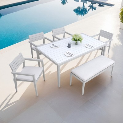 UNISOAR 6PC Patio Aluminum Furniture, Modern Dining Set, including 4 Dining Chairs & 1 Dining Bench
