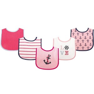 Luvable Friends Baby Girl Cotton Terry Drooler Bibs with PEVA Back 5pk, Girl Nautical, One Size - 1 of 1