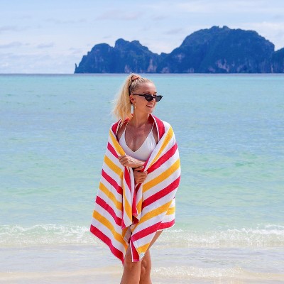 Oversized Red and Yellow Cotton Striped Beach Towels, 4-Pack