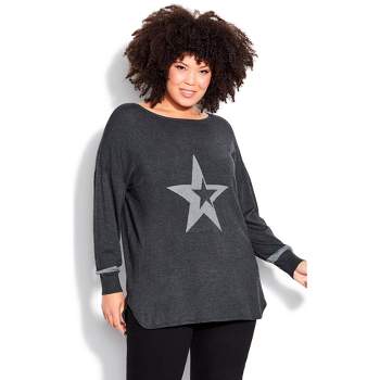 AVENUE | Women's Plus Size  Abstract Star Sweater - charcoal  - 26W/28W