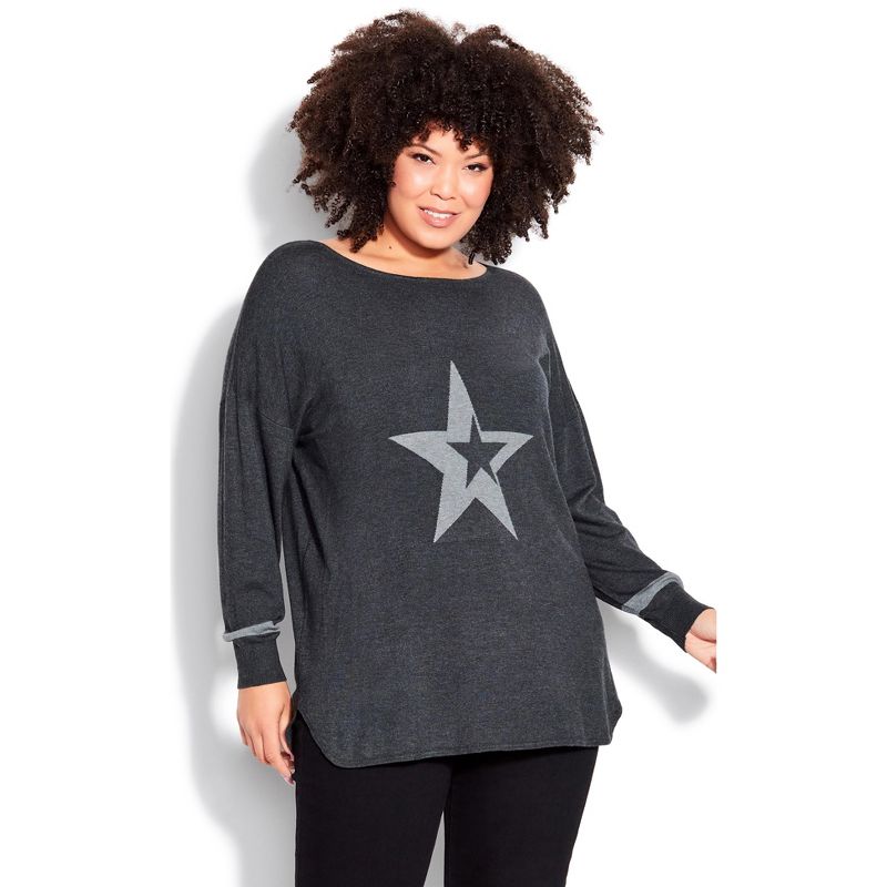Women's Plus Size Abstract Star Sweater - charcoal | AVENUE, 1 of 4
